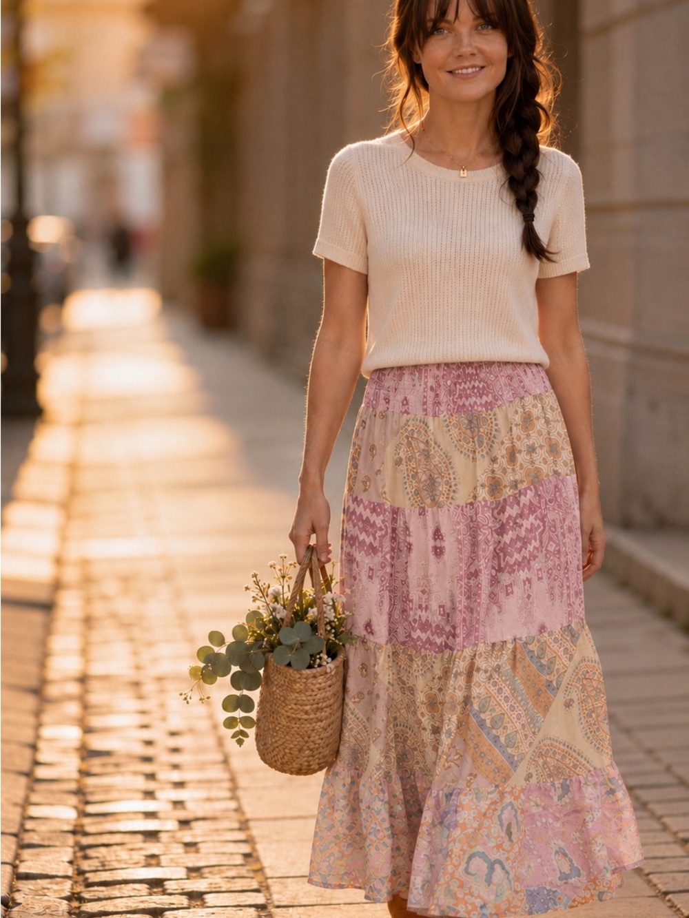 100% Silk Boho Patchwork Tiered Maxi Skirt - Pink